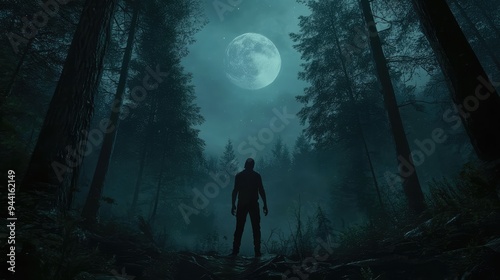 A motionless zombie stands eerily in a dark, moonlit forest surrounded by tall trees.