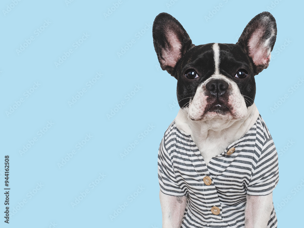 Cute puppy and striped T-shirt. Close-up, indoors. Concept of beauty and fashion. Studio shot, isolated background. Pets care Cute puppy and striped T-shirt. Close-up, indoors. Concept of beauty and fashion. Studio shot, isolated background. Pets care