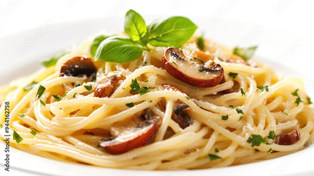 A vivid 3D close-up of spaghetti carbonara with mushrooms, focusing on the texture and rich appearance of the dish against a clean white background, no people. A vivid 3D close-up of spaghetti carbonara with mushrooms, focusing on the texture and rich appearance of the dish against a clean white background, no people.
