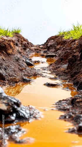 A shallow stream of muddy water winds its way through a dry eroded landscape