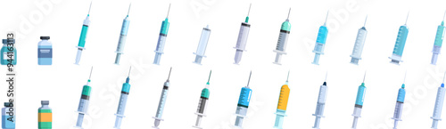 Plastic syringe icons set. Set of medical syringes and flasks for injections with liquid medicine, illustration for vaccination, influenza, healthcare, hospital concepts