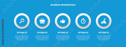 Horizontal progress bar featuring 5 arrow-shaped elements, symbolizing the five stages of business strategy and progression. Clean timeline infographic design template. Vector for presentation