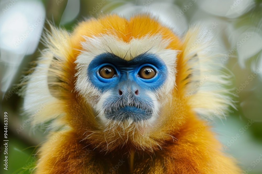 a Golden snub-nosed monkey, its blue face framed by thick, fluffy golden fur a Golden snub-nosed monkey, its blue face framed by thick, fluffy golden fur