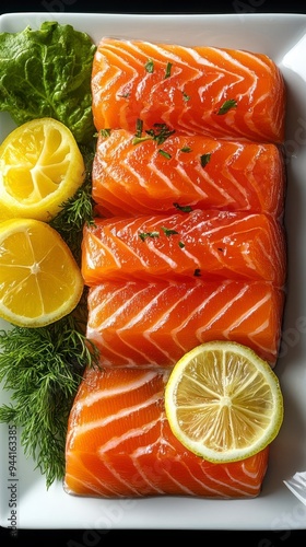 Smoked salmon with lemon slices and fresh dill