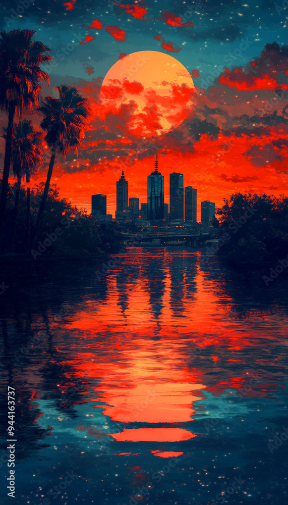 A retro wave inspired background, showing the skyline with palm trees A retro wave inspired background, showing the skyline with palm trees