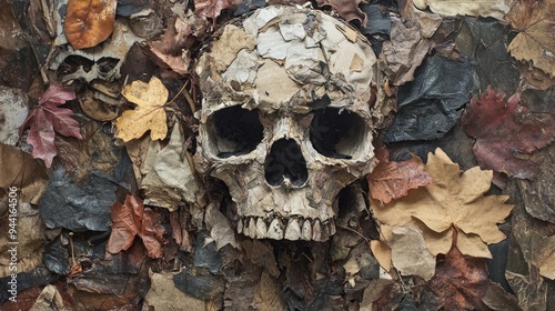 Human Skull Amidst Fallen Autumn Leaves