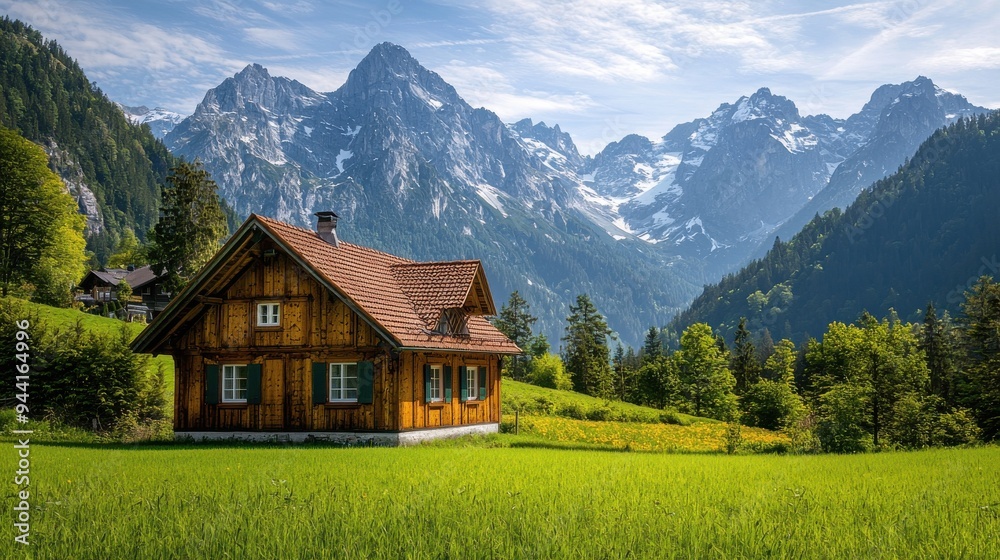 A serene alpine scenery with a traditional Bavarian wooden chalet, surrounded by lush green meadows and towering mountain peaks, capturing the peaceful essence of rural Bavaria