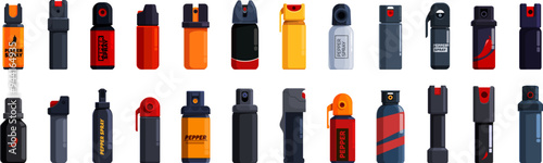 Pepper spray icons set. Collection of pepper sprays, providing a sense of security and protection