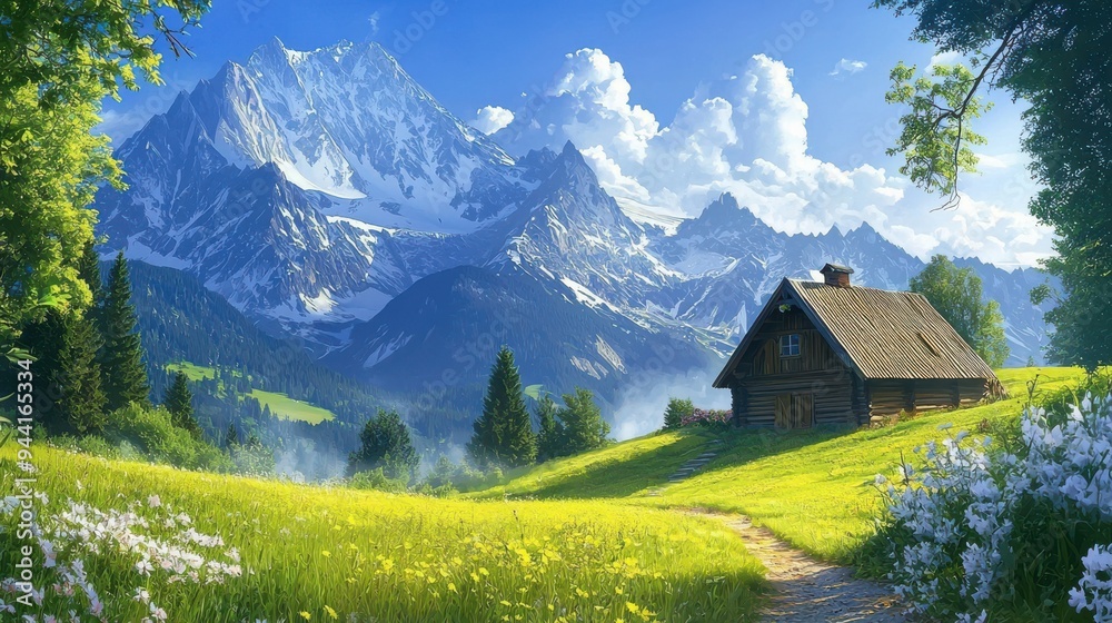 Obraz premium A picturesque Bavarian alpine landscape with a traditional wooden chalet, surrounded by green meadows and majestic mountain peaks, evoking the tranquil beauty of rural Bavaria