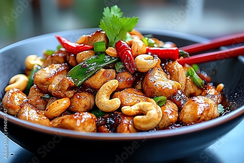 A serving of Gai Pad Med Mamuang, stir-fried chicken with cashew nuts, peppers, and onions, garnished with fresh chilies photo