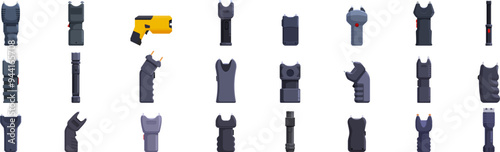 Electric shocker icons set. Set of electroshock gun icons showing different types of taser guns, perfect for illustrating self defense