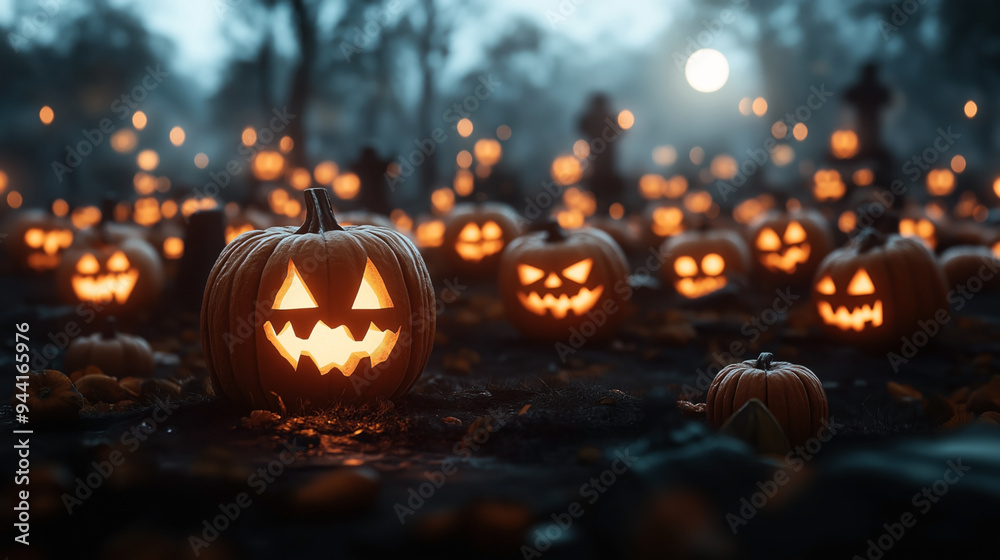 A spooky Halloween scene with many glowing jack-o'-lanterns in a dark, foggy, graveyard under the moonlight.
