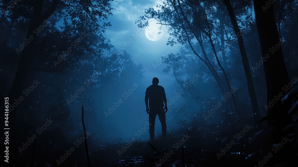 In the middle of a dark, foggy forest, a zombie stands motionless, shrouded in eerie moonlight. In the middle of a dark, foggy forest, a zombie stands motionless, shrouded in eerie moonlight.