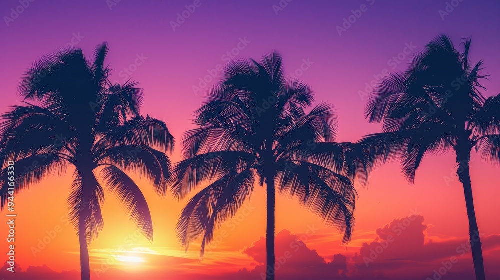 Silhouetted palm trees during sunset with orange and purple hues Silhouetted palm trees during sunset with orange and purple hues