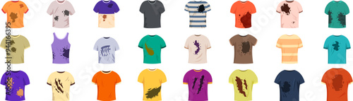 Dirty t shirt icons set. Dirty t shirts collection, stained clothes with spots from food and everyday life mess