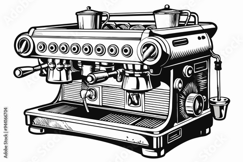 A black and white hand-drawn artistic representation of an espresso machine, featuring knobs and gauges. The detailed illustration showcases the mechanical design of the machine.
