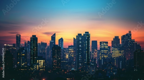 Sleek urban skyline with a futuristic design, featuring high-tech buildings and a striking silhouette against a twilight sky.