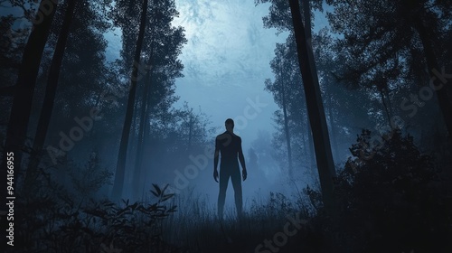 In the dead of night, a zombie stands inert among the tall, shadowy trees of a silent forest.