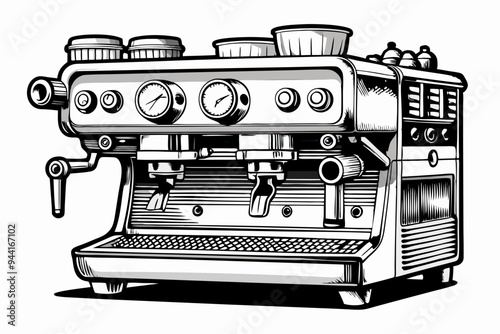 A black and white hand-drawn artistic representation of an espresso machine, featuring knobs and gauges. The detailed illustration showcases the mechanical design of the machine.
