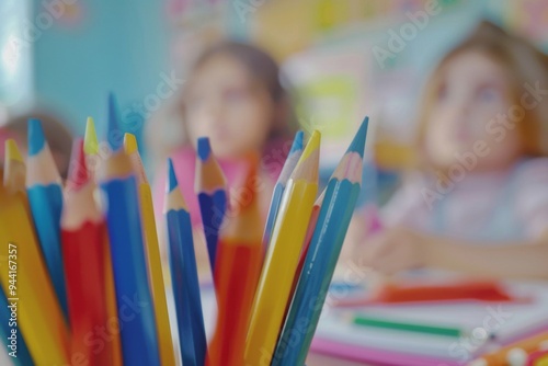 Close up of coloring pencils in a classroom