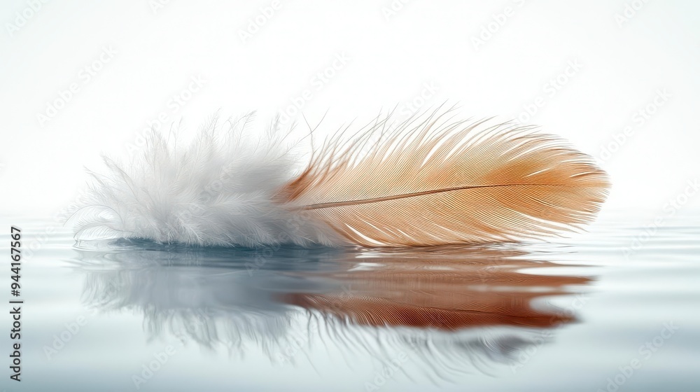 A single feather floats on the surface of calm water A single feather floats on the surface of calm water