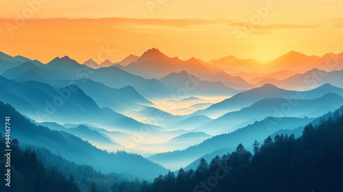 Uneven mountains with light mist layered together, bathed in the soft glow of sunrise, adding a warm, golden hue that gives the image a tranquil and inviting feel