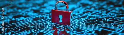 Cyber safety concept with a red lock on a digital circuit background