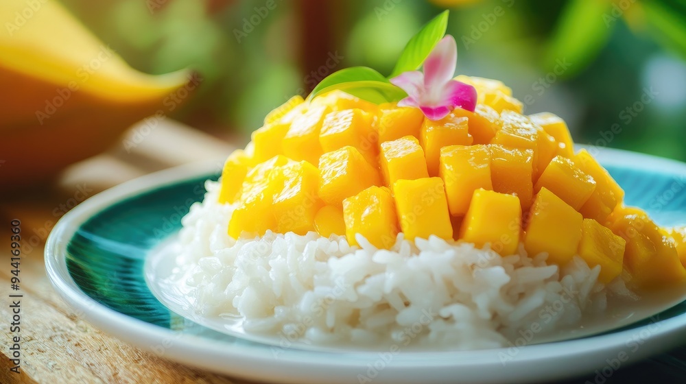 A vivid close-up of mango sticky rice topped with coconut milk on a plate, framed by the backdrop of a traditional Thai house, capturing the dessertas richness, no people. A vivid close-up of mango sticky rice topped with coconut milk on a plate, framed by the backdrop of a traditional Thai house, capturing the dessertas richness, no people.