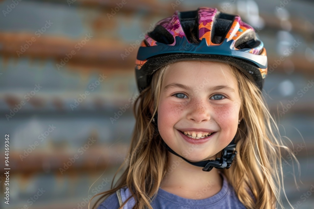 Smiling little girl with bicycle helmet portrait Smiling little girl with bicycle helmet portrait