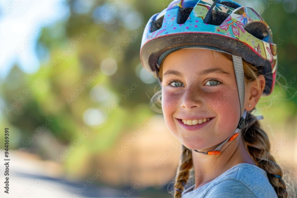 Smiling little girl with bicycle helmet portrait Smiling little girl with bicycle helmet portrait