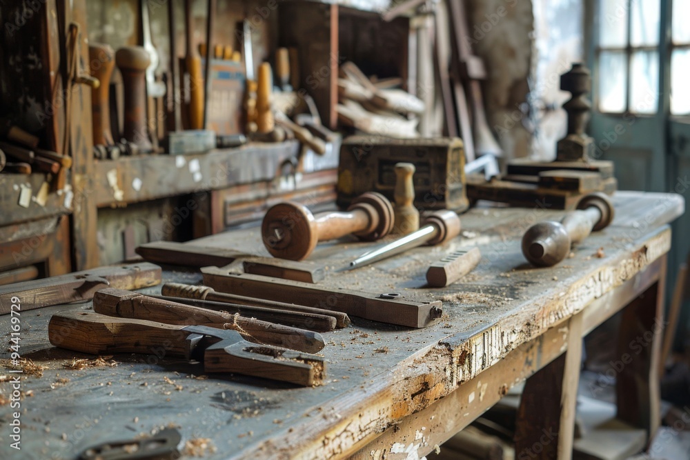 Tools on a rustic work bench in workshop Tools on a rustic work bench in workshop