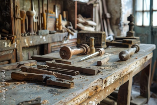 Tools on a rustic work bench in workshop