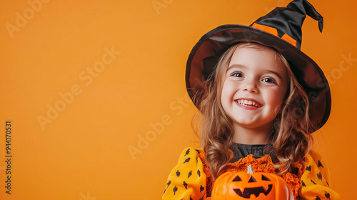 Halloween kid party .Kid wearing clothes in Halloween concept .studio shot .