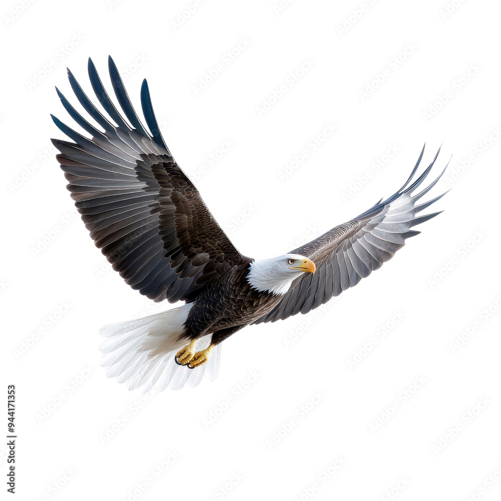 A majestic eagle soaring through the sky, showcasing its powerful wings and striking features in a dynamic flight posture. A majestic eagle soaring through the sky, showcasing its powerful wings and striking features in a dynamic flight posture.