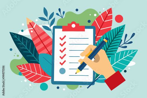 A digital illustration features hands marking a document using a large red pencil, surrounded by check marks and abstract leaves, symbolizing review and revision.
