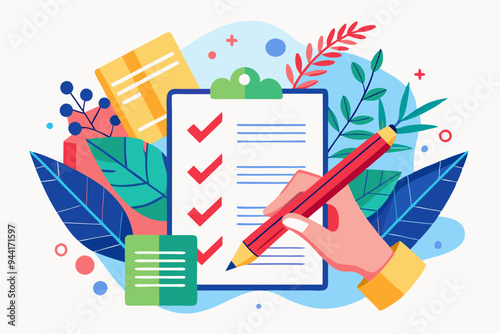 A digital illustration features hands marking a document using a large red pencil, surrounded by check marks and abstract leaves, symbolizing review and revision.
