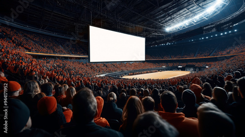 Large crowd of spectators in an indoor sports stadium with a giant screen and a basketball court visible.