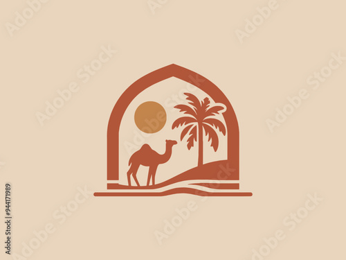 Camel in the African desert. Logo, emblem, sign. Egypt, Tunisia, Morocco. Arabic vector illustration in brown colors