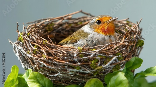 A small bird with a bright orange breast rests in a woven nest of twigs photo