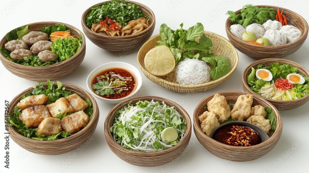 Close-up 3D view of a classic Vietnamese meal, highlighting the fresh ingredients and intricate presentation on a plain white background, no people. Close-up 3D view of a classic Vietnamese meal, highlighting the fresh ingredients and intricate presentation on a plain white background, no people.