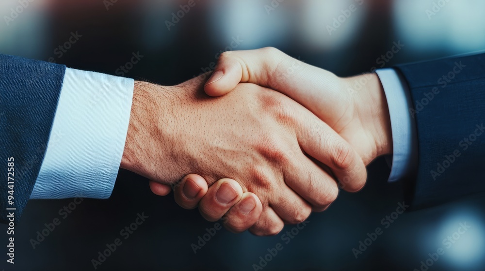 Closeup of a firm handshake between two business partners in a sleek office environment symbolizing successful negotiations and trust with a sense of mutual respect and achievement Closeup of a firm handshake between two business partners in a sleek office environment symbolizing successful negotiations and trust with a sense of mutual respect and achievement