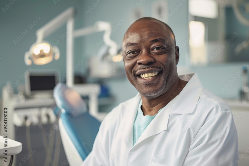 Portrait of a smiling middle aged male dentist in modern clinic Portrait of a smiling middle aged male dentist in modern clinic