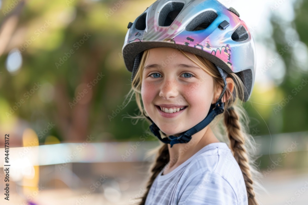 Smiling little girl with bicycle helmet portrait Smiling little girl with bicycle helmet portrait