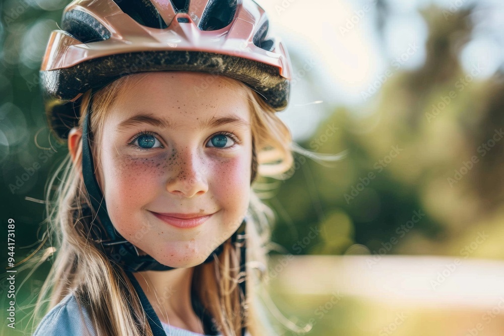 Smiling little girl with bicycle helmet portrait