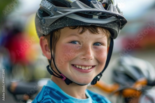 Smiling little boy with bicycle helmet portrait