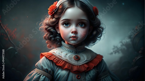 Vintage-Inspired Portrait of a Young Girl in Victorian Attire Against a Dark, Mysterious Background