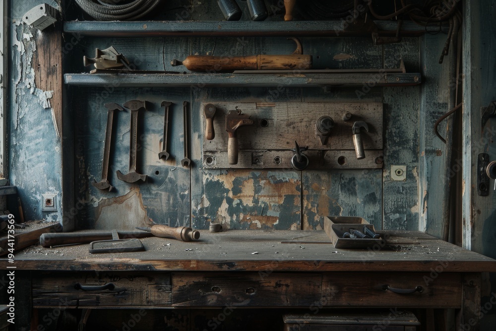 Tools on a rustic work bench in workshop Tools on a rustic work bench in workshop
