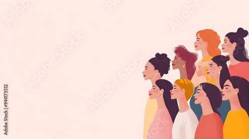 Women's Day Empowerment Poster with Silhouette and Feminist Motifs in Paper Cut Style - 3D Illustration with Copy Space