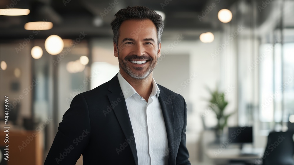 Fototapeta premium Smiling happy successful businessman in his 30s dressed in white shirt and black suit in modern office. Manager at work