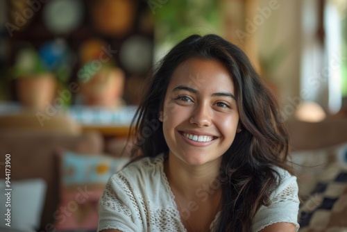 Smiling portrait of a young Hispanic woman at home